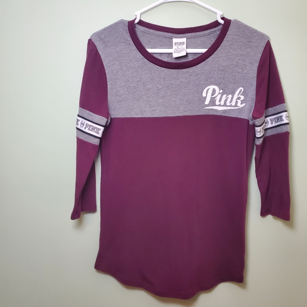 Victoria's Secret VS PINK Burgundy and Grey 3/4 Length Sleeve T-Shirt Spellout